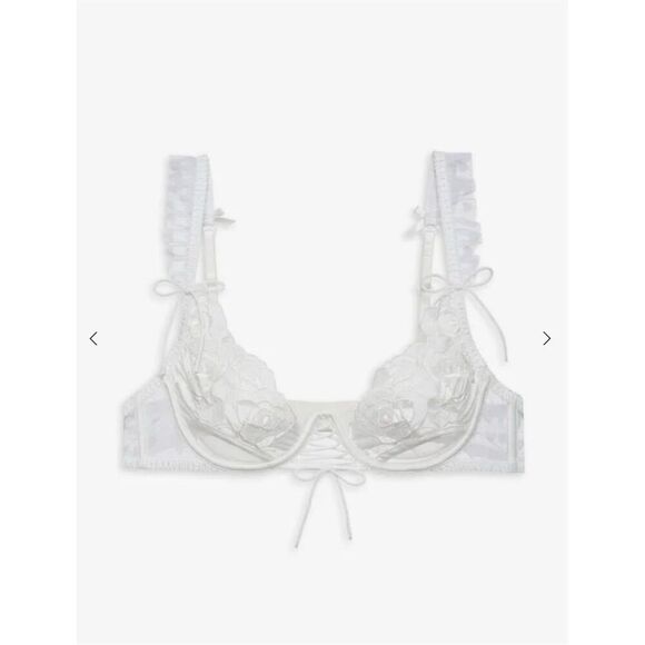 For Love & Lemons Amore Lace Bra 34C Ivory Heart Embroidered Mesh Bridal Wedding - Picture 2 of 11